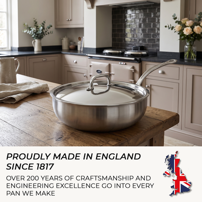24cm chef pan with lid showing brushed stainless steel body and uncoated cooking surface
