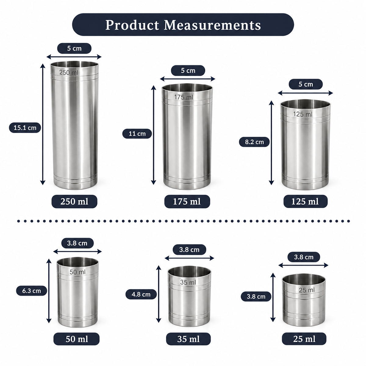 Stainless Steel Thimble Measures Set of 6 Spirit & Wine Measuring Cups