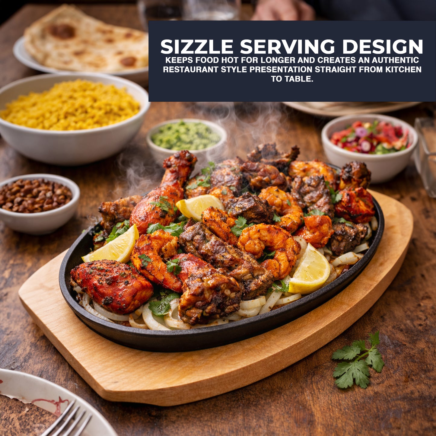 Sizzle Platter Cast Iron, Oval, with Light Wood Undertray & Handle