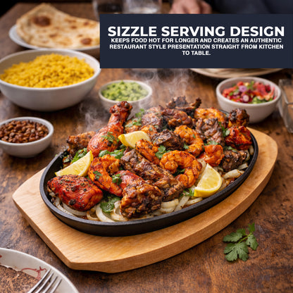 Sizzle Platter Cast Iron, Oval, with Light Wood Undertray & Handle