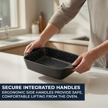 In-hand image holding 25cm roasting dish for scale