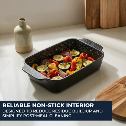 Compact ceramic baking dish in small oven