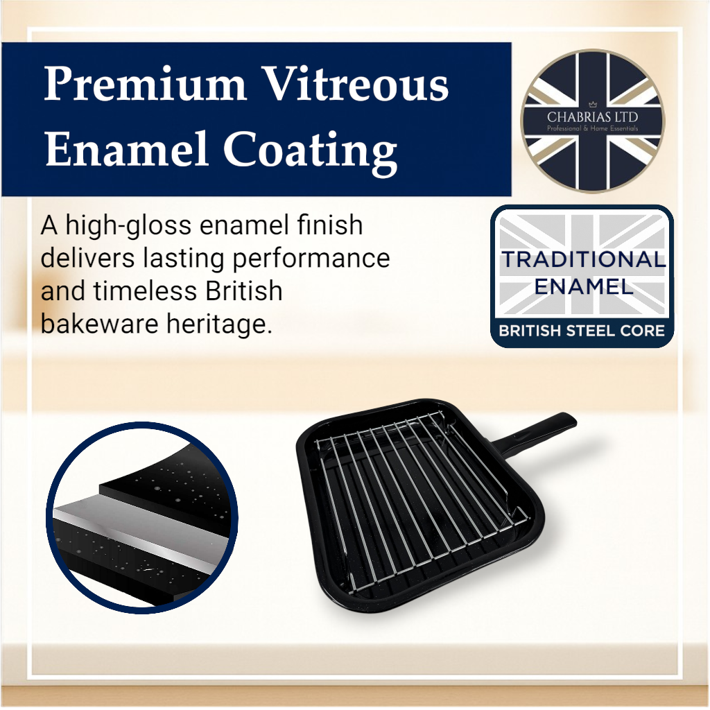 Vitreous Enamel Grill Pan, Handle & Wire Rack, Small (28cm) - Premium Kitchen from Chabrias Ltd - Just £13.99! Shop now at Chabrias Ltd