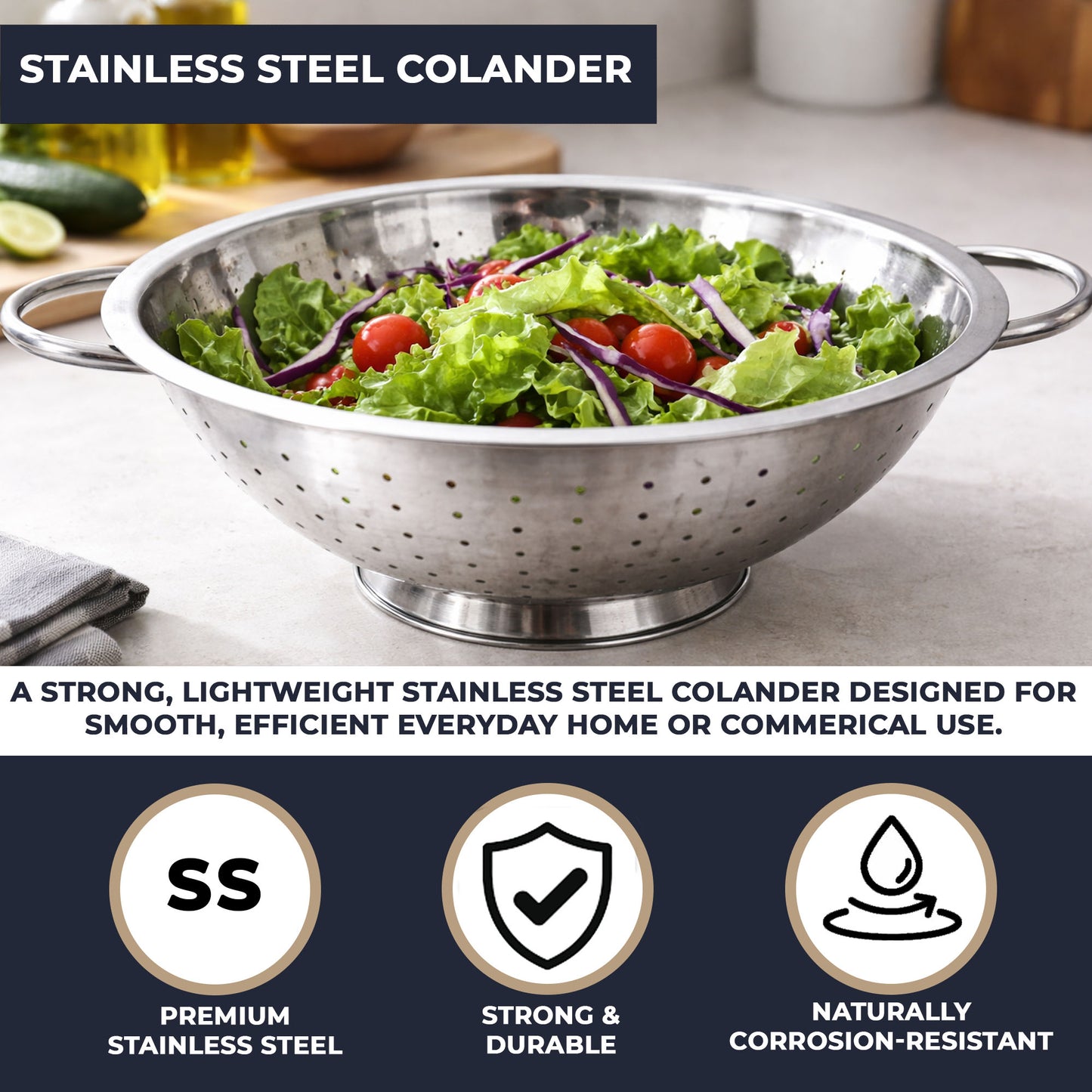 Stainless Steel Colander with Two Robust Handles - Heavy Duty and Efficient Draining
