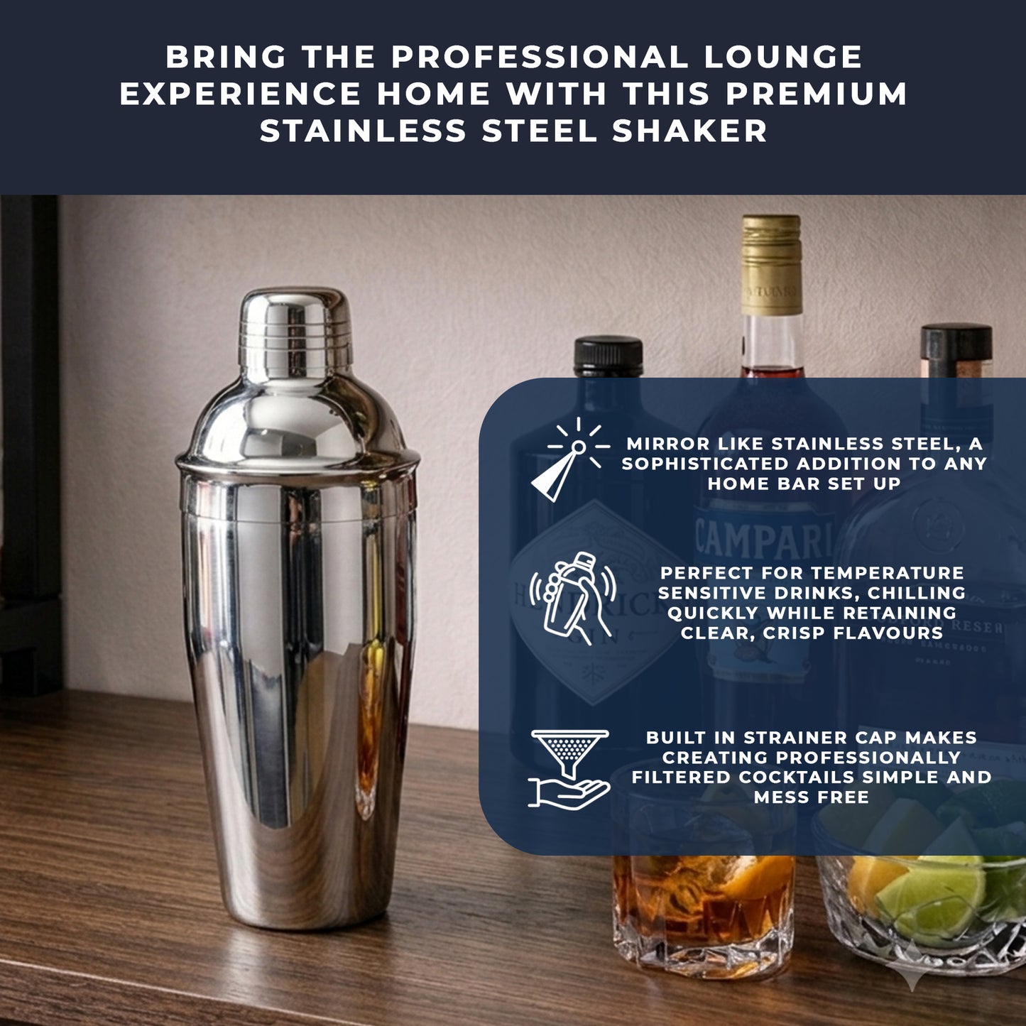750ml Stainless Steel Cocktail Shaker with Built In Strainer Bar Tool