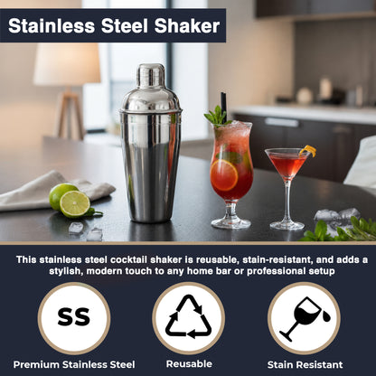 750ml Stainless Steel Cocktail Shaker with Built In Strainer Bar Tool