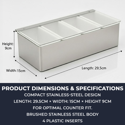 Stainless-Steel Condiment Dispenser with Transparent Lid - 4 Compartment - Professional Garnish Station for UK Bars & Catering - Premium  from Chabrias Ltd - Just £14.99! Shop now at Chabrias Ltd