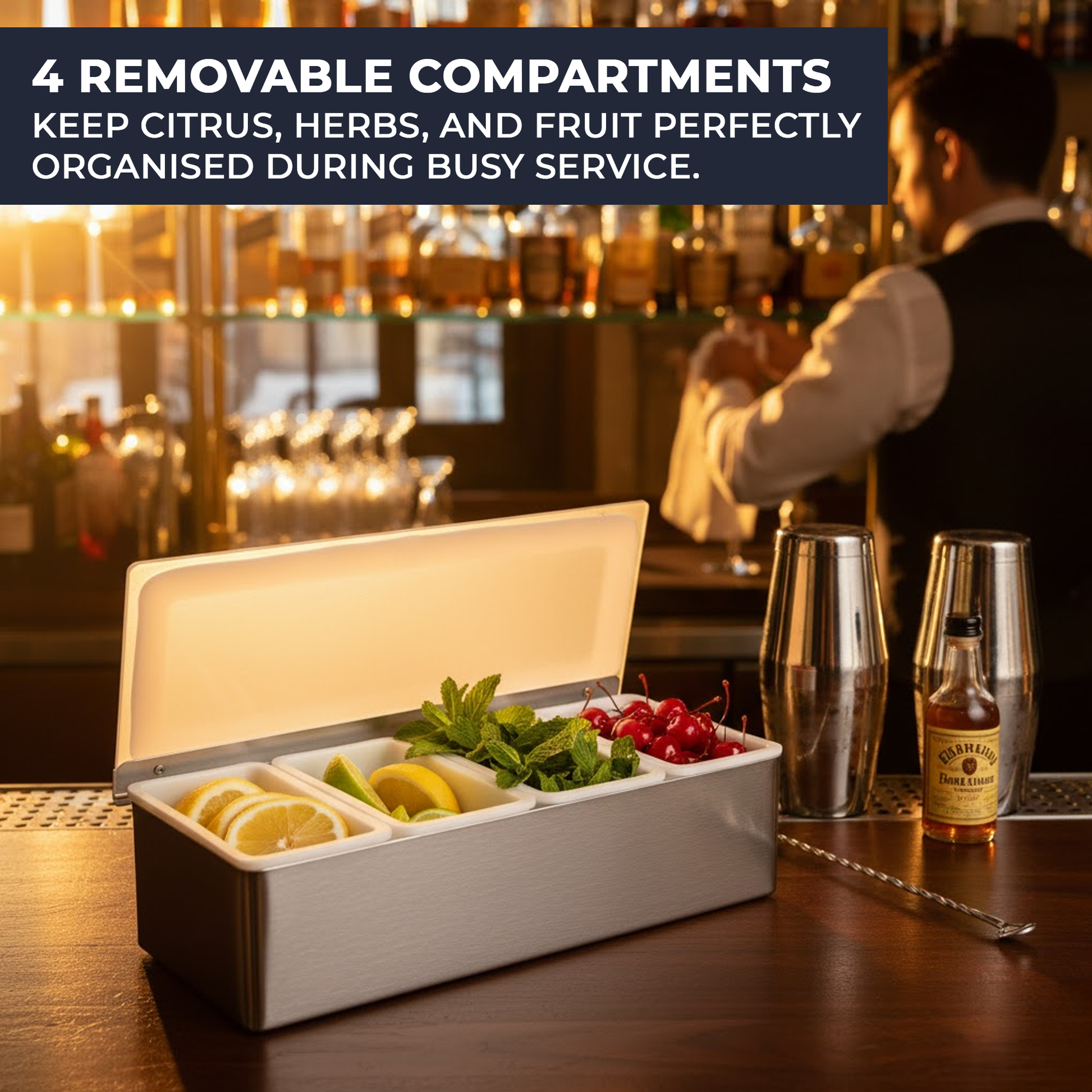 Stainless-Steel Condiment Dispenser with Transparent Lid - 4 Compartment - Professional Garnish Station for UK Bars & Catering - Premium  from Chabrias Ltd - Just £14.99! Shop now at Chabrias Ltd