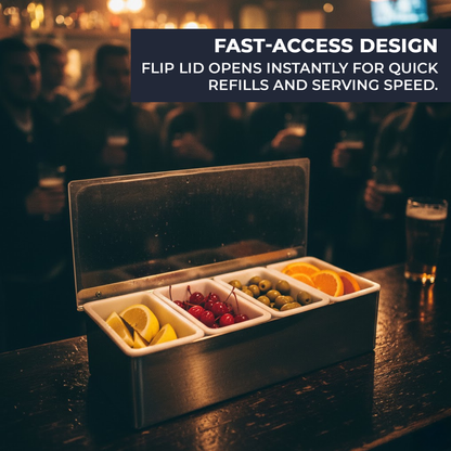 Stainless-Steel Condiment Dispenser with Transparent Lid - 4 Compartment - Professional Garnish Station for UK Bars & Catering - Premium  from Chabrias Ltd - Just £14.99! Shop now at Chabrias Ltd