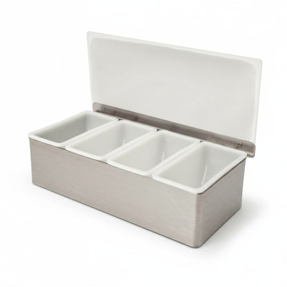 Stainless-Steel Condiment Dispenser with Transparent Lid - 4 Compartment - Professional Garnish Station for UK Bars & Catering - Premium  from Chabrias Ltd - Just £14.99! Shop now at Chabrias Ltd