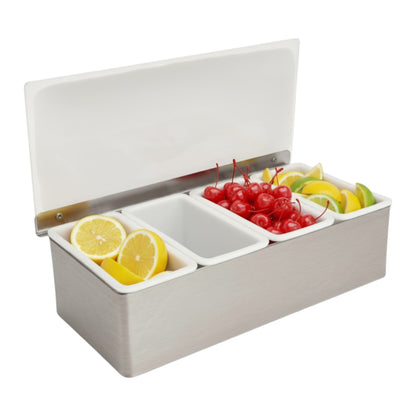 Stainless-Steel Condiment Dispenser with Transparent Lid - 4 Compartment - Professional Garnish Station for UK Bars & Catering - Premium  from Chabrias Ltd - Just £14.99! Shop now at Chabrias Ltd