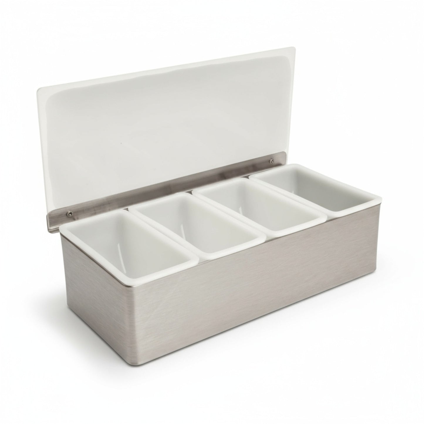 Stainless-Steel Condiment Dispenser with Transparent Lid - 4 Compartment - Professional Garnish Station for UK Bars & Catering - Premium  from Chabrias Ltd - Just £14.99! Shop now at Chabrias Ltd