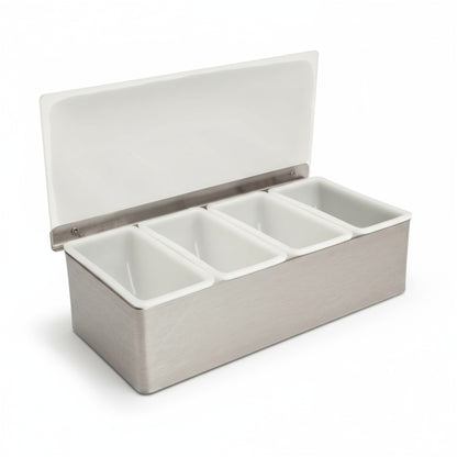 Stainless-Steel Condiment Dispenser with Transparent Lid - 4 Compartment - Professional Garnish Station for UK Bars & Catering - Premium  from Chabrias Ltd - Just £14.99! Shop now at Chabrias Ltd