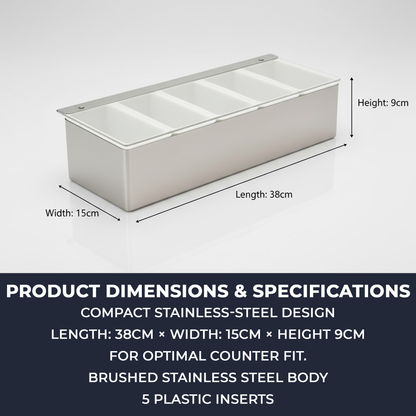 Stainless-Steel Condiment Dispenser with Transparent Lid - 5 Compartment - Professional Garnish Station for UK Bars & Catering - Premium  from Chabrias Ltd - Just £16.99! Shop now at Chabrias Ltd