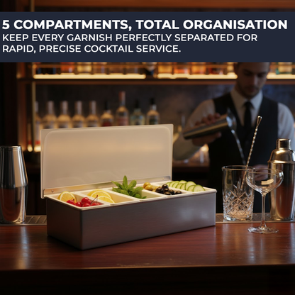 Stainless-Steel Condiment Dispenser with Transparent Lid - 5 Compartment - Professional Garnish Station for UK Bars & Catering - Premium  from Chabrias Ltd - Just £16.99! Shop now at Chabrias Ltd