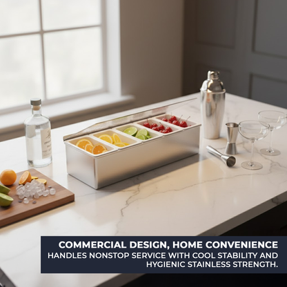 Stainless-Steel Condiment Dispenser with Transparent Lid - 5 Compartment - Professional Garnish Station for UK Bars & Catering - Premium  from Chabrias Ltd - Just £16.99! Shop now at Chabrias Ltd