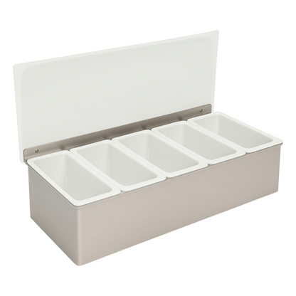 Stainless-Steel Condiment Dispenser with Transparent Lid - 5 Compartment - Professional Garnish Station for UK Bars & Catering - Premium  from Chabrias Ltd - Just £16.99! Shop now at Chabrias Ltd
