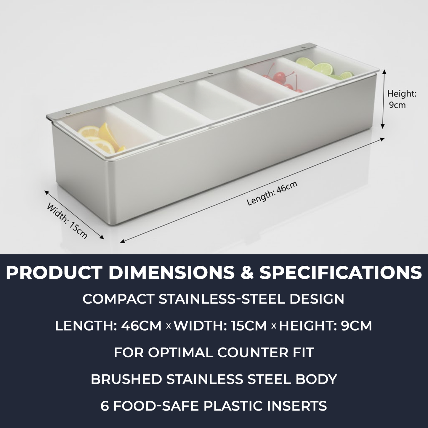 Stainless steel condiment holder with removable inserts & lid UK