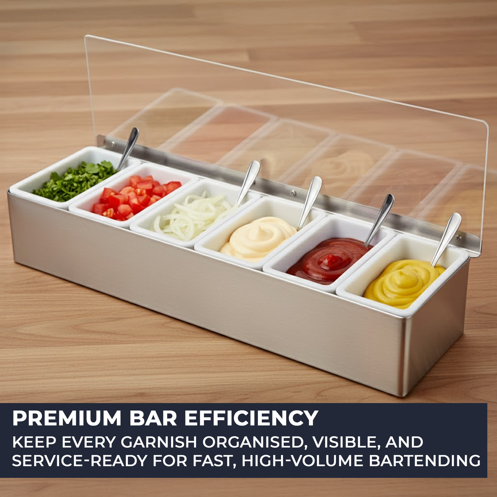 Stainless-Steel Condiment Dispenser with Transparent Lid - 6 Compartment - Professional Garnish Station for UK Bars & Catering - Premium  from Chabrias Ltd - Just £18.99! Shop now at Chabrias Ltd