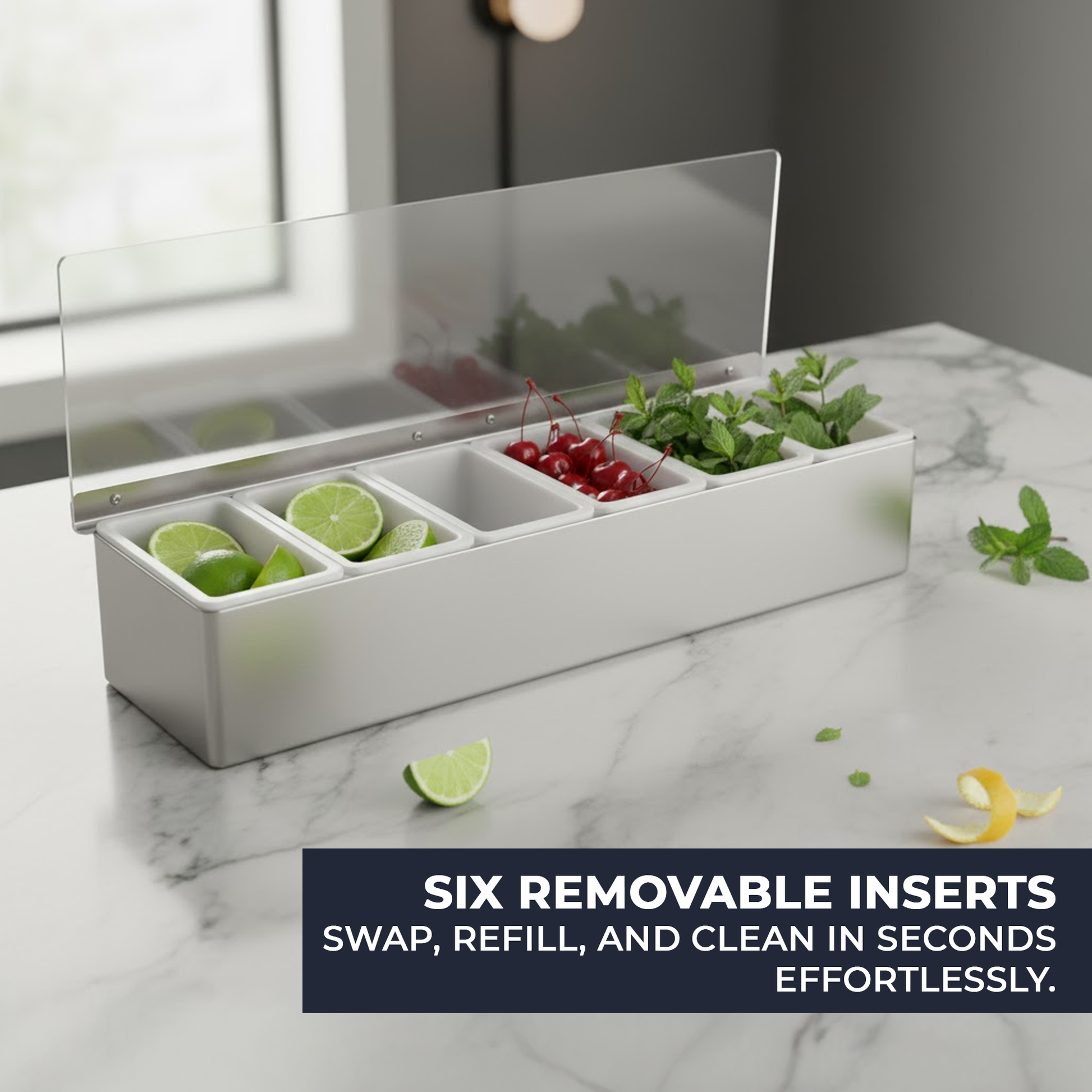 Stainless-Steel Condiment Dispenser with Transparent Lid - 6 Compartment - Professional Garnish Station for UK Bars & Catering - Premium  from Chabrias Ltd - Just £18.99! Shop now at Chabrias Ltd