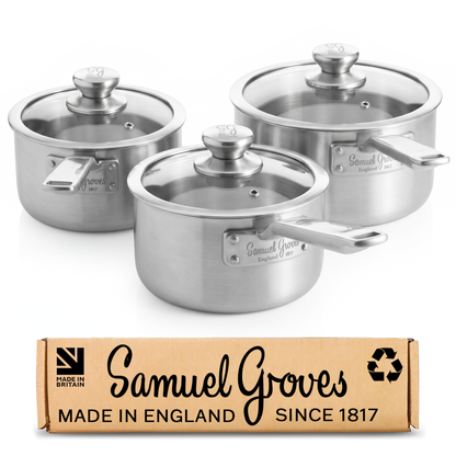 6 piece stainless steel saucepan set handmade in England with tri-ply pans and matching glass lids