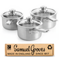 6 piece stainless steel saucepan set handmade in England with tri-ply pans and matching glass lids