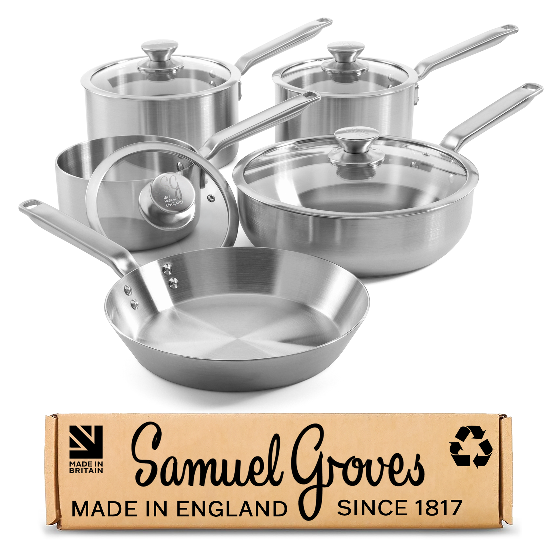 9 piece stainless steel pan set handmade in England with tri-ply saucepans, frying pan and chef pan