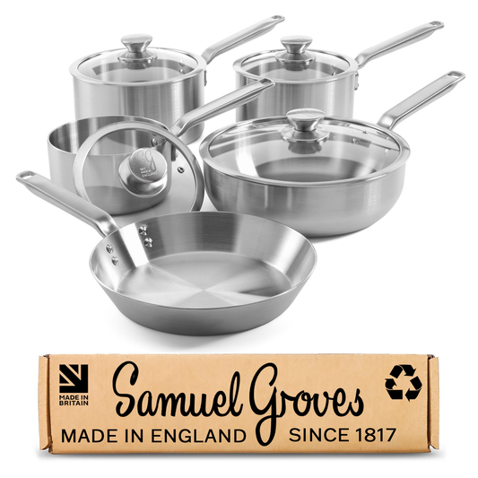 9 piece stainless steel pan set handmade in England with tri-ply saucepans, frying pan and chef pan