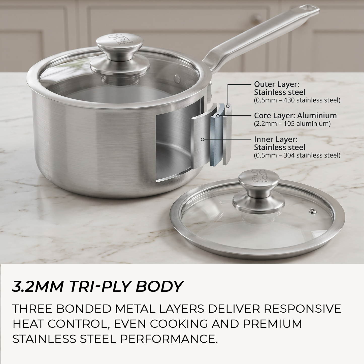 Made in England 16cm stainless steel saucepan with 3.2mm tri-ply body