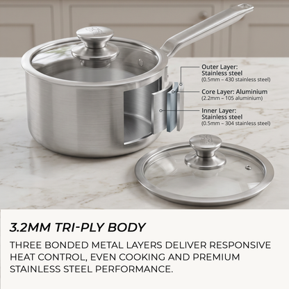 Made in England 16cm stainless steel saucepan with 3.2mm tri-ply body