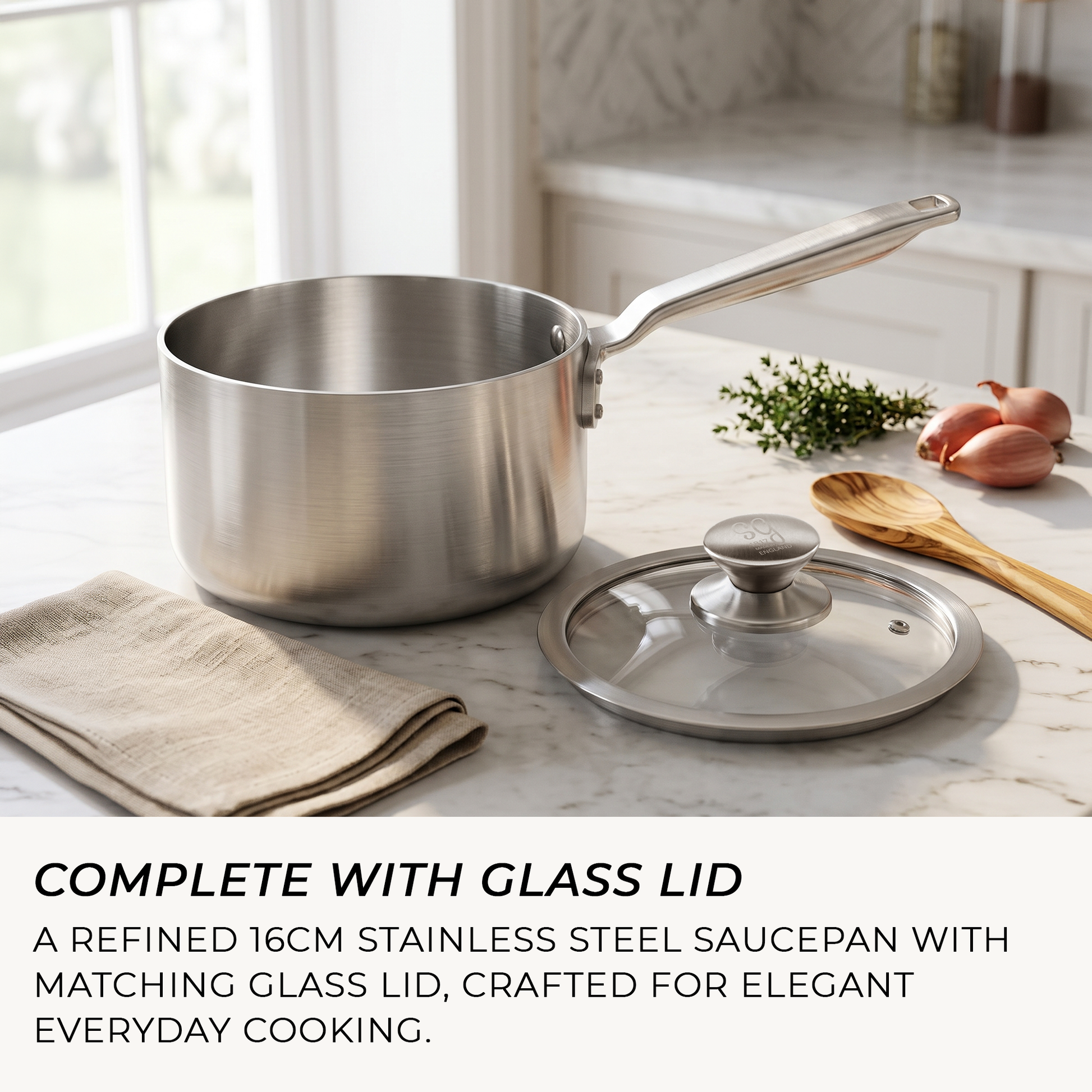 Small stainless steel saucepan with glass lid for rice, grains, vegetables and sauces