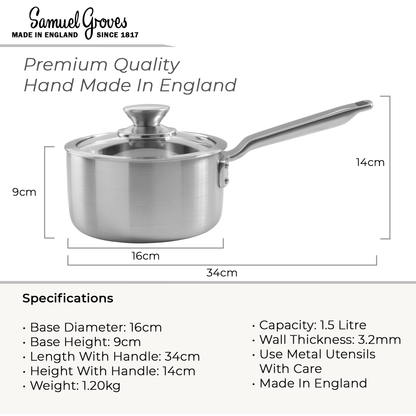 Samuel Groves 16cm Stainless Steel Tri-Ply Saucepan with Glass Lid – Elegance Range