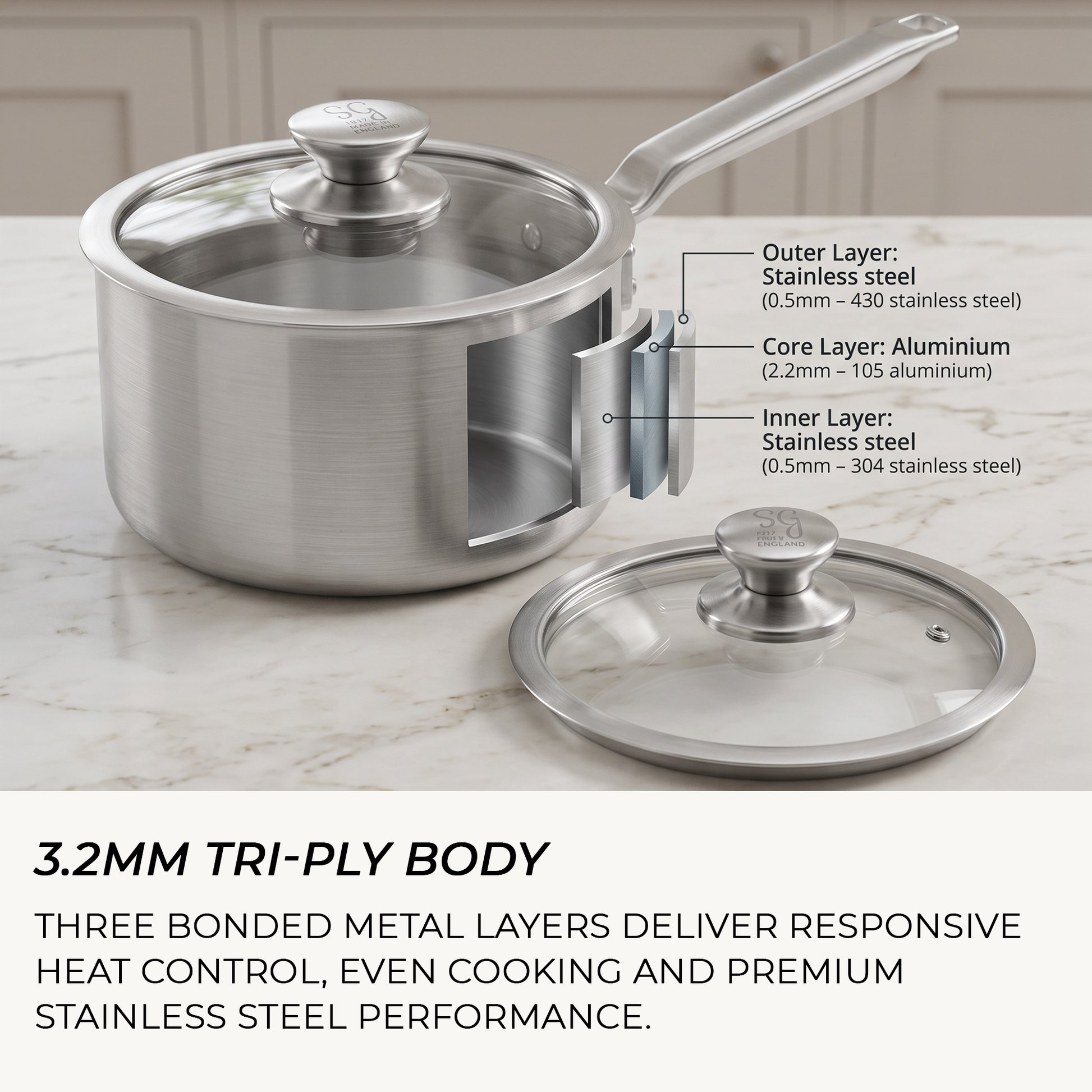 Made in England 18cm stainless steel saucepan with 3.2mm tri-ply body