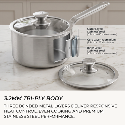 Made in England 18cm stainless steel saucepan with 3.2mm tri-ply body