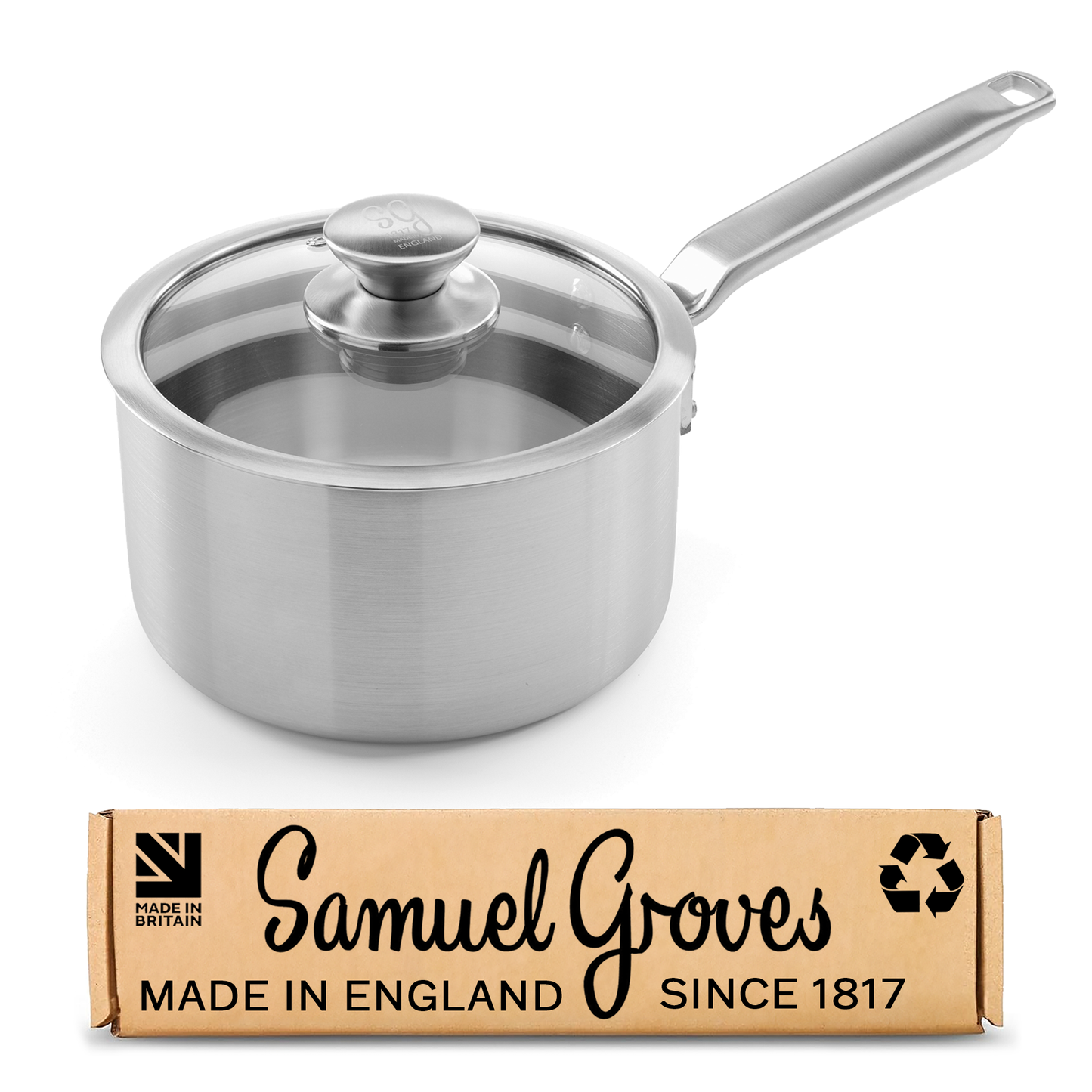 Samuel Groves 16cm stainless steel saucepan with glass lid handmade in England