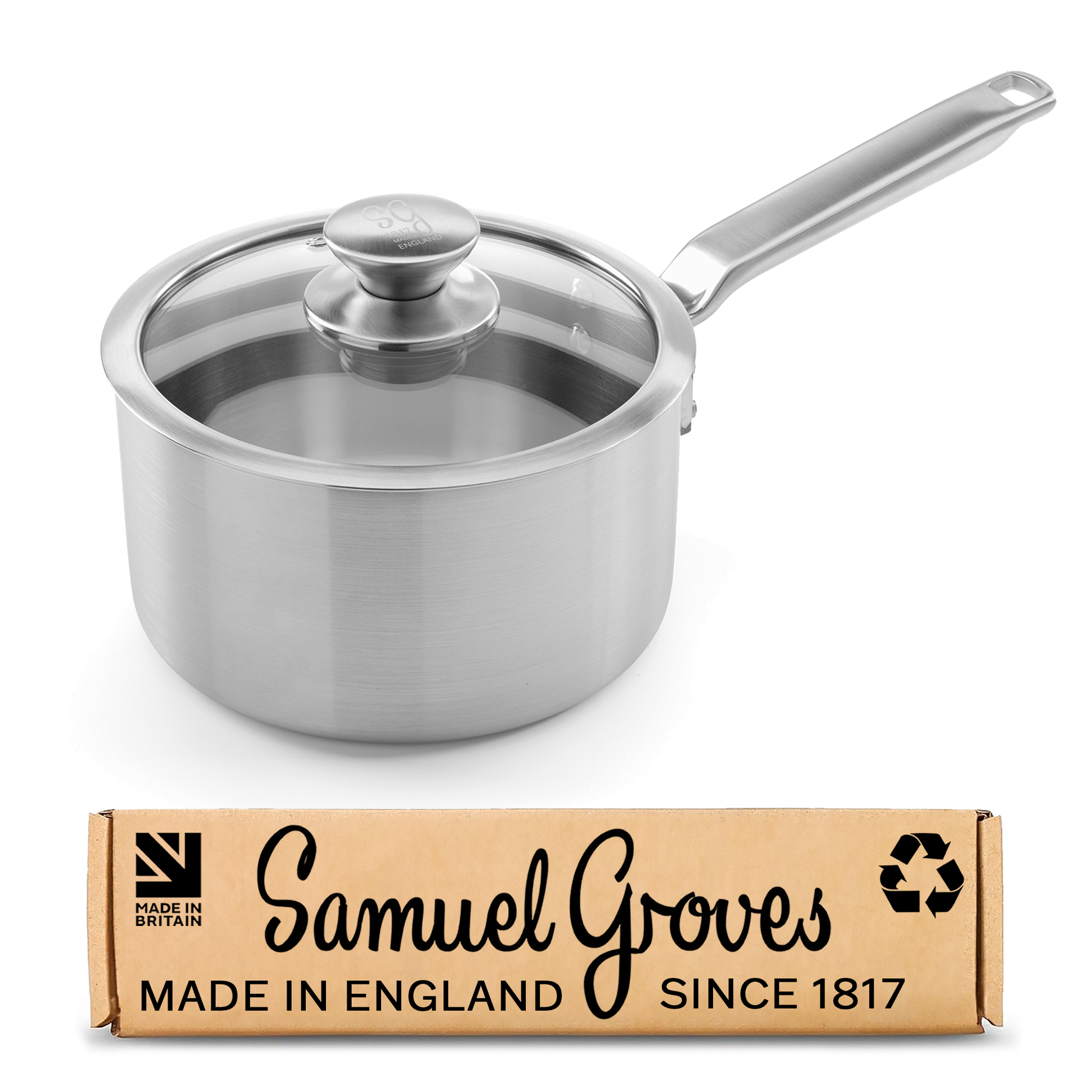 Samuel Groves 16cm stainless steel saucepan with glass lid handmade in England