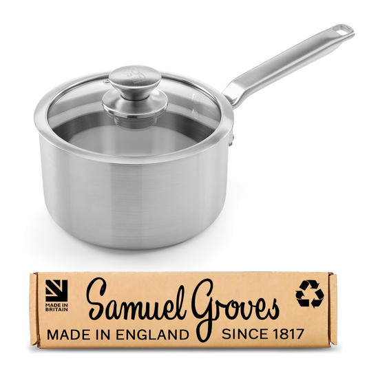 Samuel Groves 16cm stainless steel saucepan with glass lid handmade in England