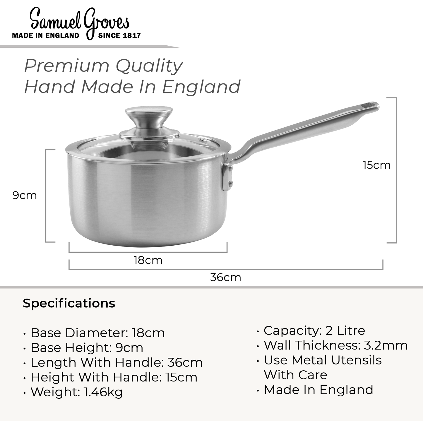 Samuel Groves 18cm Stainless Steel Tri-Ply Saucepan with Glass Lid – Elegance Range