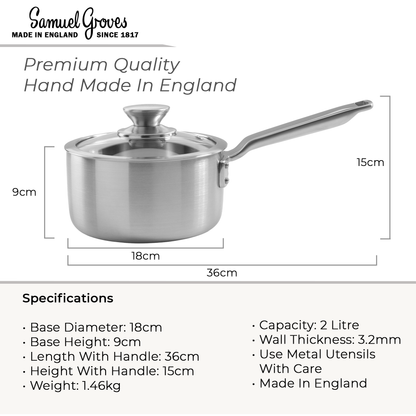 Samuel Groves 18cm Stainless Steel Tri-Ply Saucepan with Glass Lid – Elegance Range