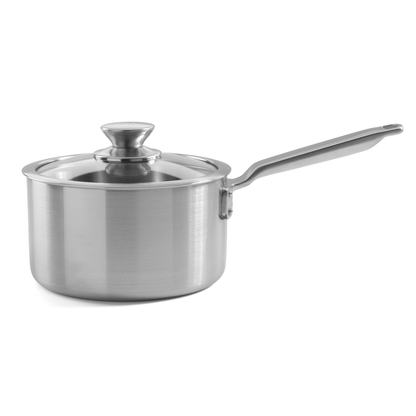 Premium tri-ply stainless steel saucepan with glass lid by Samuel Groves
