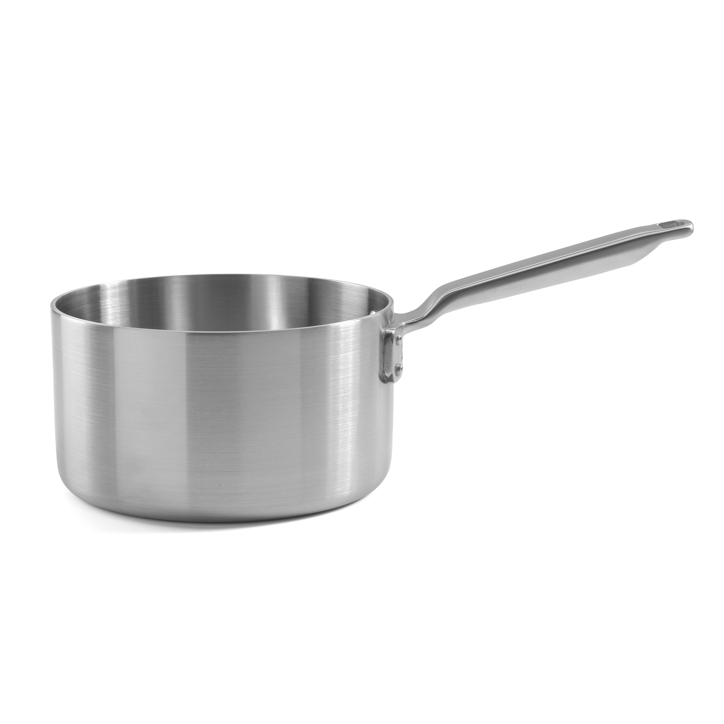 Handmade in England stainless steel saucepan with glass lid and tri-ply body
