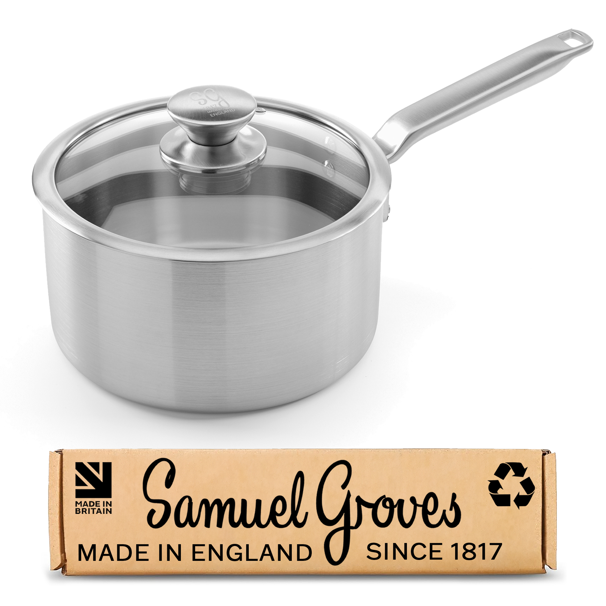 Samuel Groves 20cm stainless steel saucepan with glass lid handmade in England