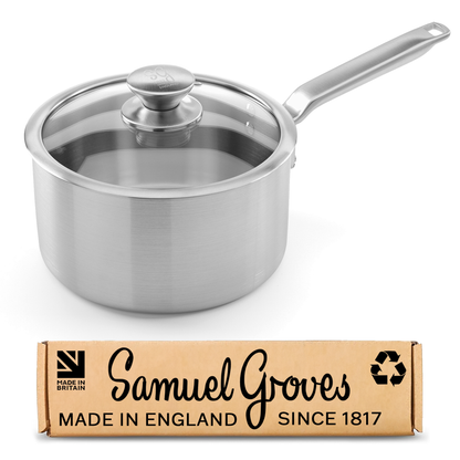 Samuel Groves 20cm stainless steel saucepan with glass lid handmade in England