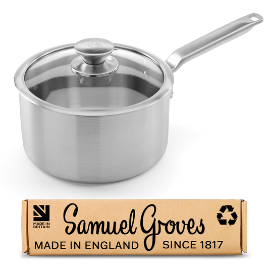 Samuel Groves 20cm stainless steel saucepan with glass lid handmade in England