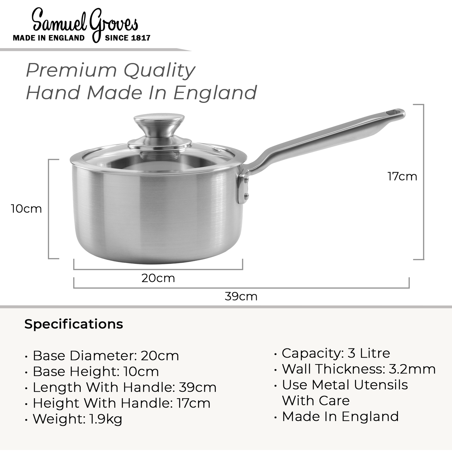 Samuel Groves 20cm Stainless Steel Tri-Ply Saucepan with Glass Lid – Elegance Range