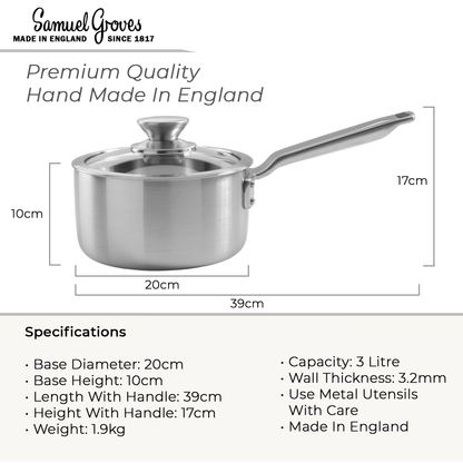 Samuel Groves 20cm Stainless Steel Tri-Ply Saucepan with Glass Lid – Elegance Range