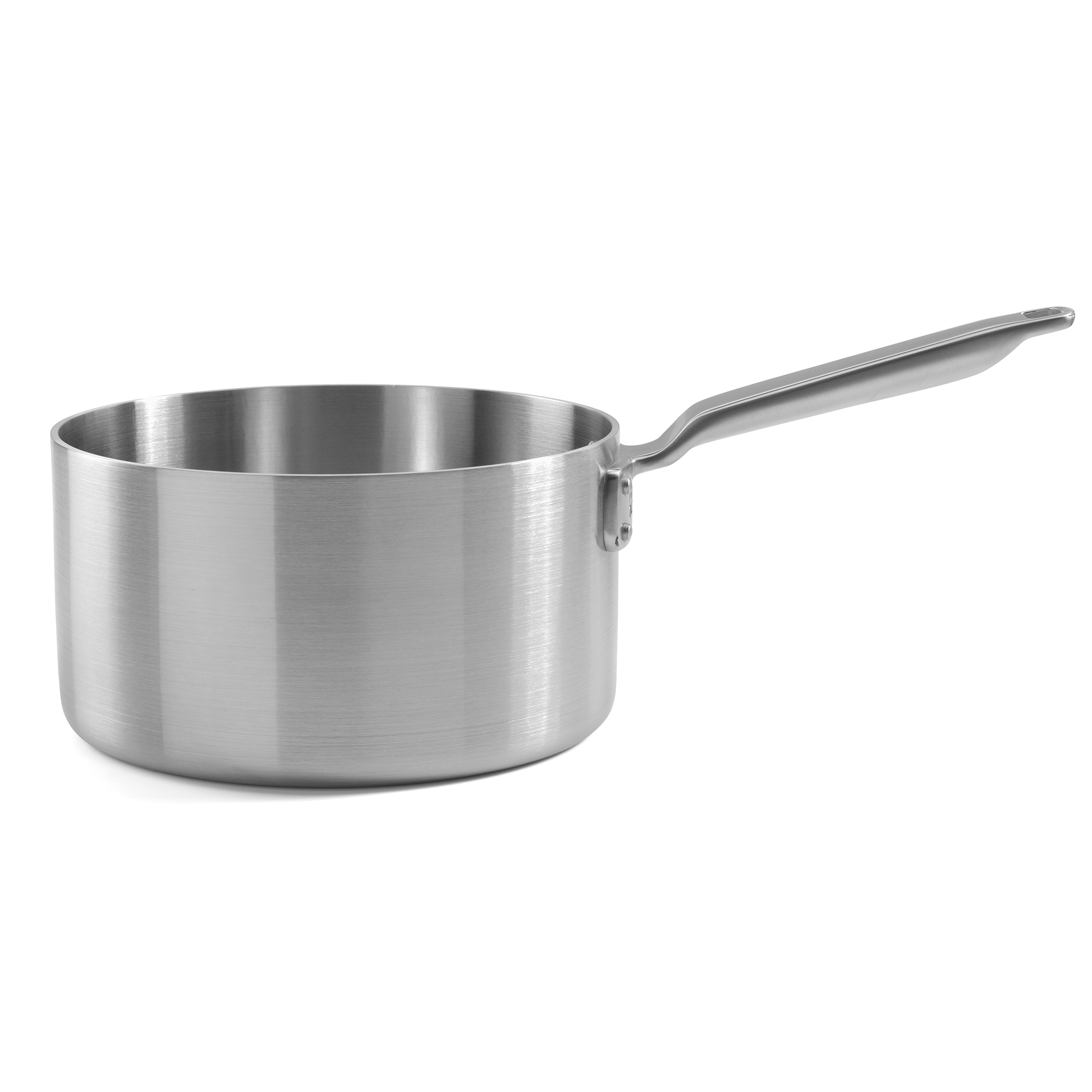 Handmade in England stainless steel saucepan with glass lid and tri-ply body