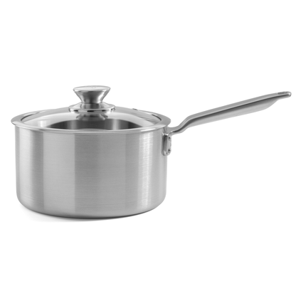Premium tri-ply stainless steel saucepan with glass lid by Samuel Groves