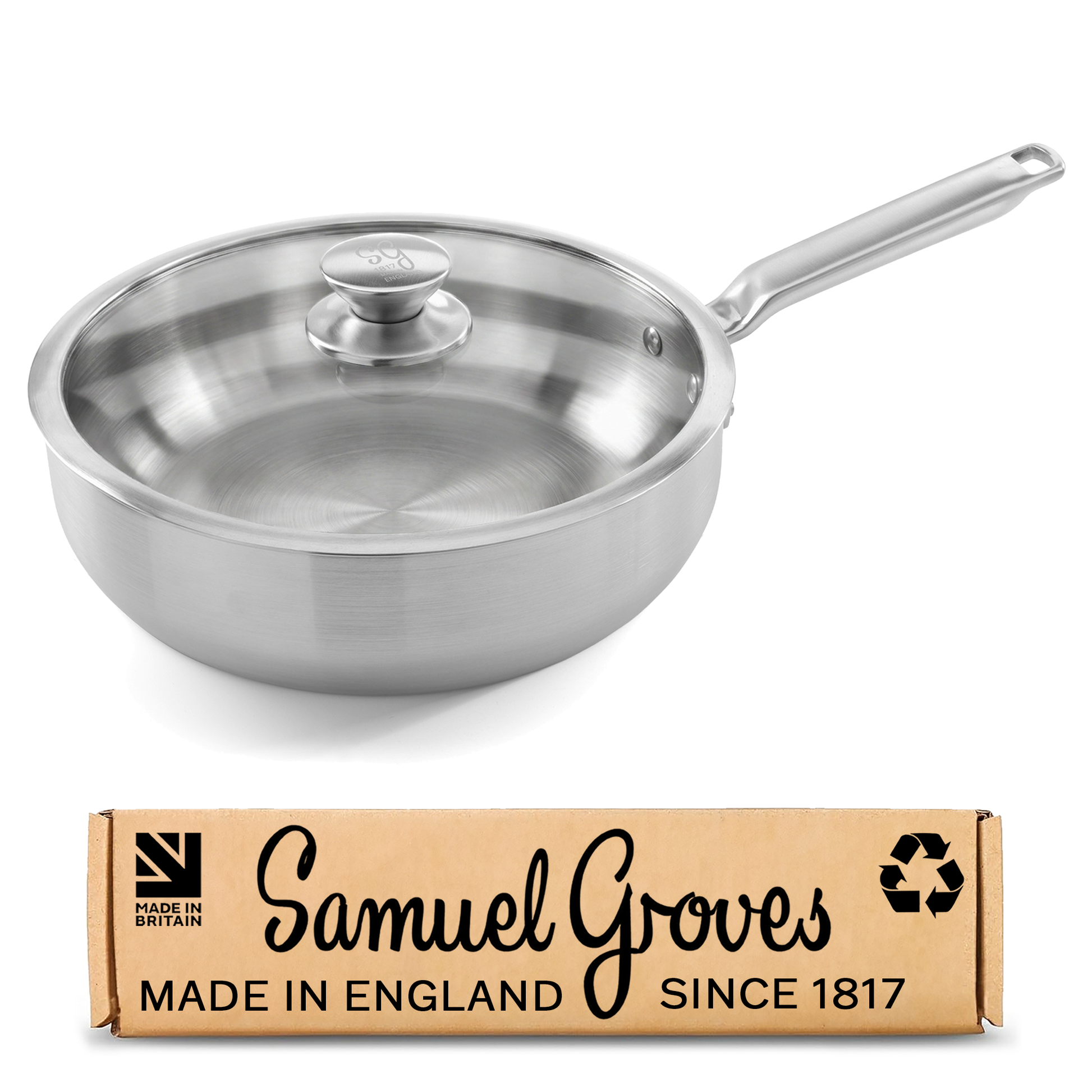 Samuel Groves 26cm stainless steel chef pan with glass lid handmade in England