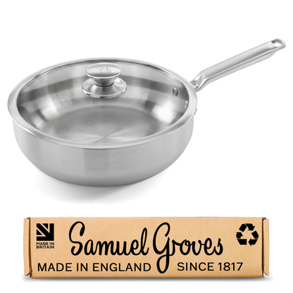 Samuel Groves 26cm stainless steel chef pan with glass lid handmade in England